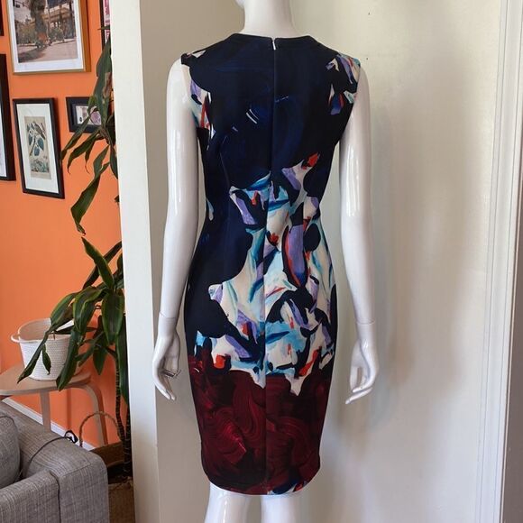 Yigal Azourel Navy & Red Artistic Print Midi Scuba Dress Size 8 - Picture 7 of 13